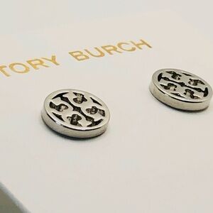 New Tory Burch Icon Miller CircleStud Earrings in Silver on TB Earring Card; 1cm